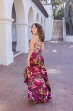 Sleeveless Back Tie Floral Print Maxi Dress Burgundy