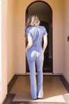 Short Sleeve Zip Up Flare Leg Denim Jumpsuit Medium Wash