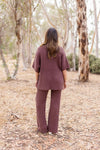 Short Sleeve Mock Neck Ribbed Sweater Top And Pants Set Brown