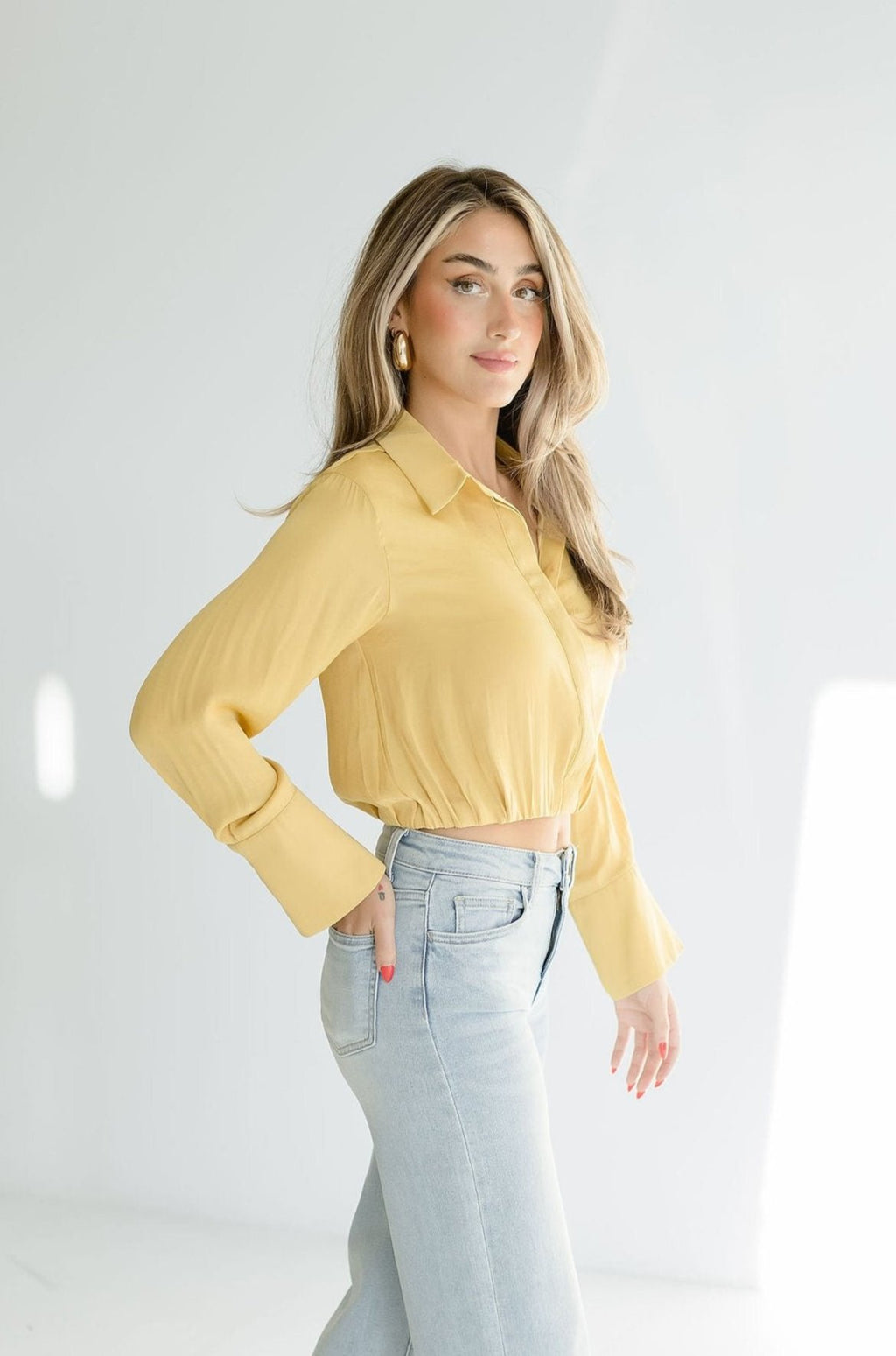 Long Sleeve Elastic Waist Cropped Satin Top Yellow