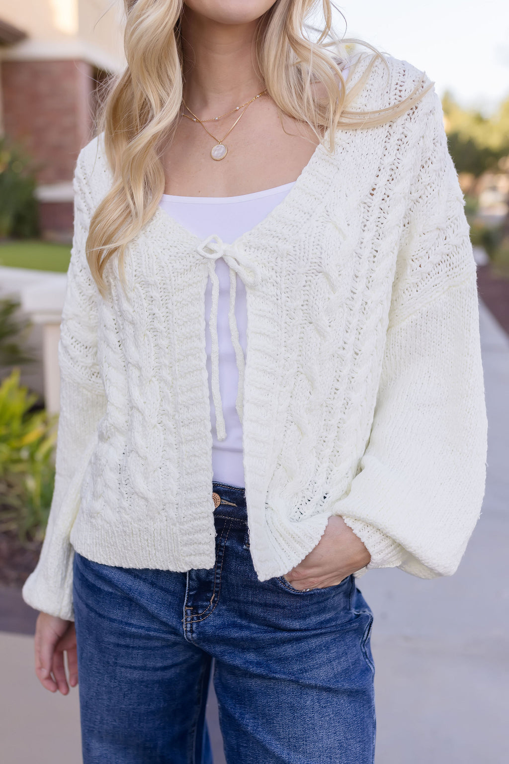 Long Sleeve Front Tie Knit Cardigan White