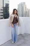 Vegan Leather Cropped Color Block Moto Jacket Taupe