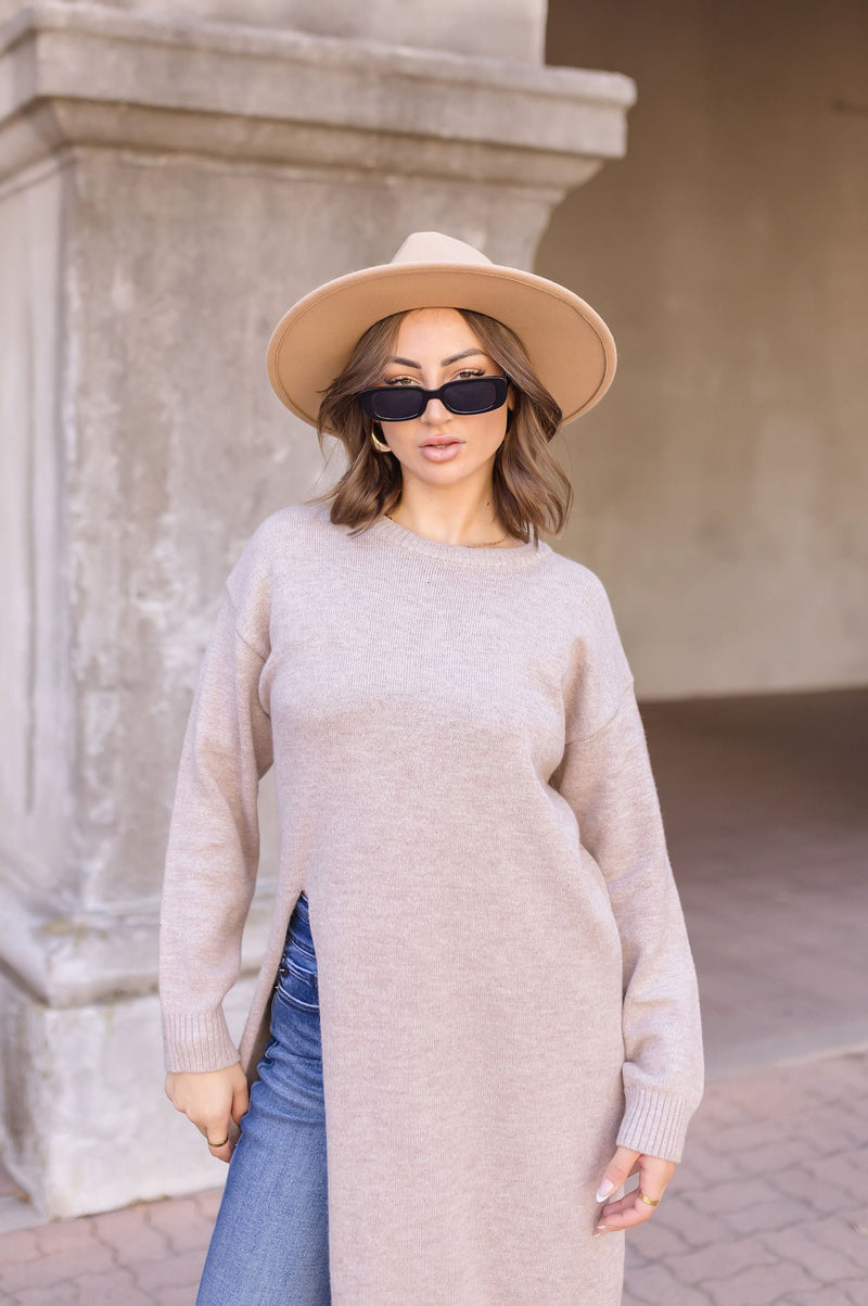 Long Sleeve High Slit Long Pullover Sweater Top Taupe