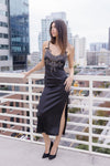 Sleeveless Embroidered Satin Midi Dress Black