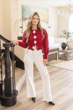 Long Sleeve Flower Accent Knit Cropped Cardigan Red