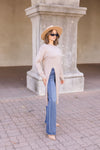 Long Sleeve High Slit Long Pullover Sweater Top Taupe