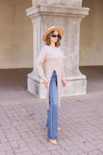 Long Sleeve High Slit Long Pullover Sweater Top Taupe