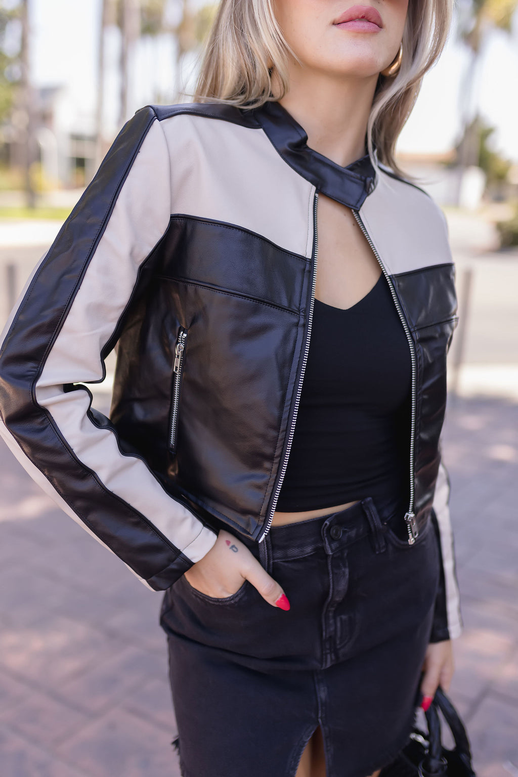 Vegan Leather Cropped Color Block Moto Jacket Black