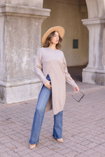 Long Sleeve High Slit Long Pullover Sweater Top Taupe