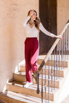  High Waist Stripe Print Track Pants Burgundy