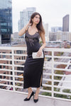 Sleeveless Embroidered Satin Midi Dress Black