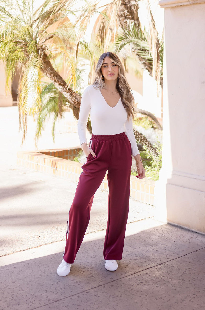  High Waist Stripe Print Track Pants Burgundy