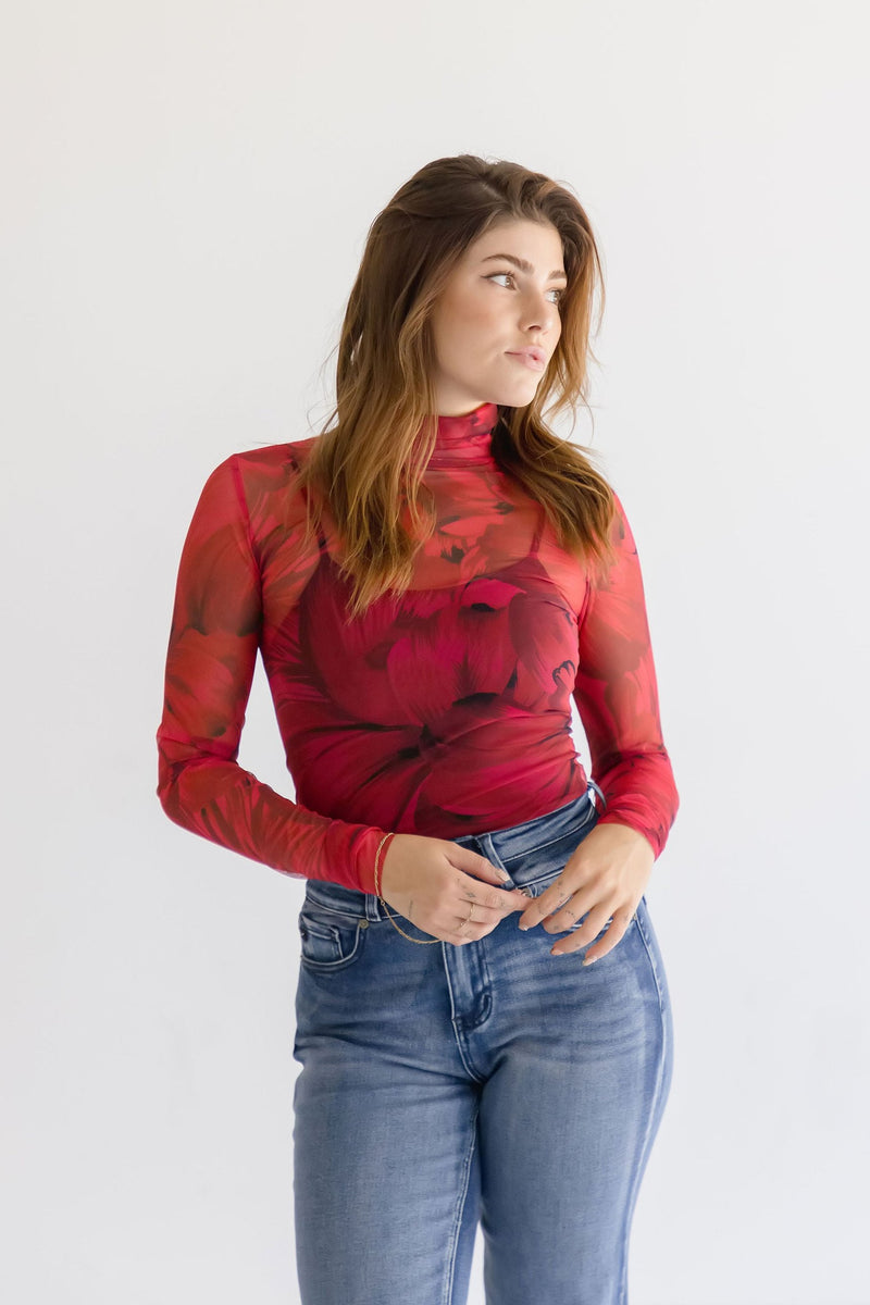 Long Sleeve Floral Print Turtle Neck Mesh Top Red