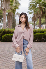  Long Sleeve Button Down Satin Top Mauve