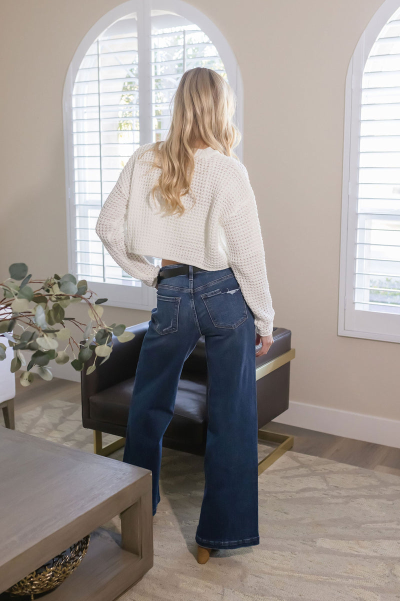 Long Sleeve Cropped Knit Sweater Top White