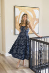 Sleeveless Floral Print Belted Denim Midi Dress Blue