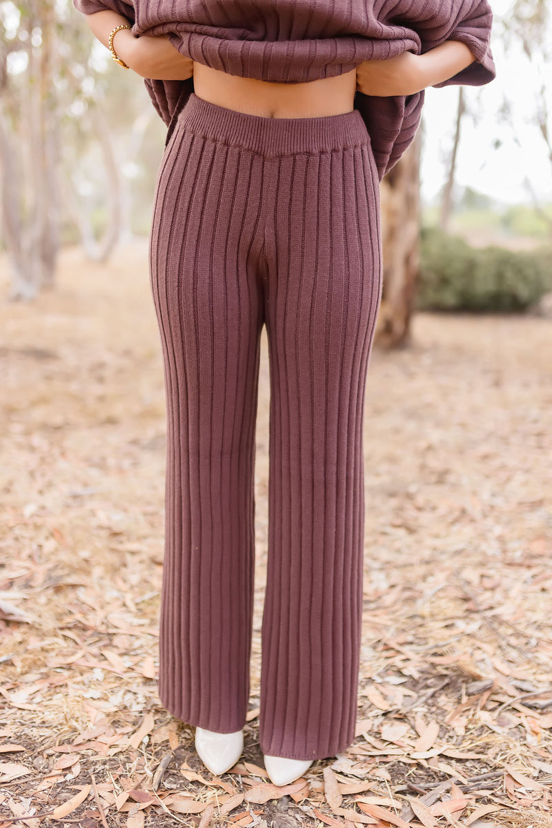 Short Sleeve Mock Neck Ribbed Sweater Top And Pants Set Brown