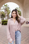  Long Sleeve Button Down Satin Top Mauve