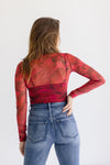 Long Sleeve Floral Print Turtle Neck Mesh Top Red