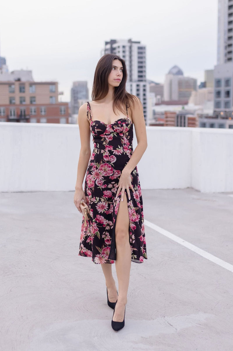 Sleeveless Shoulder Tie Floral Print Midi Dress Pink