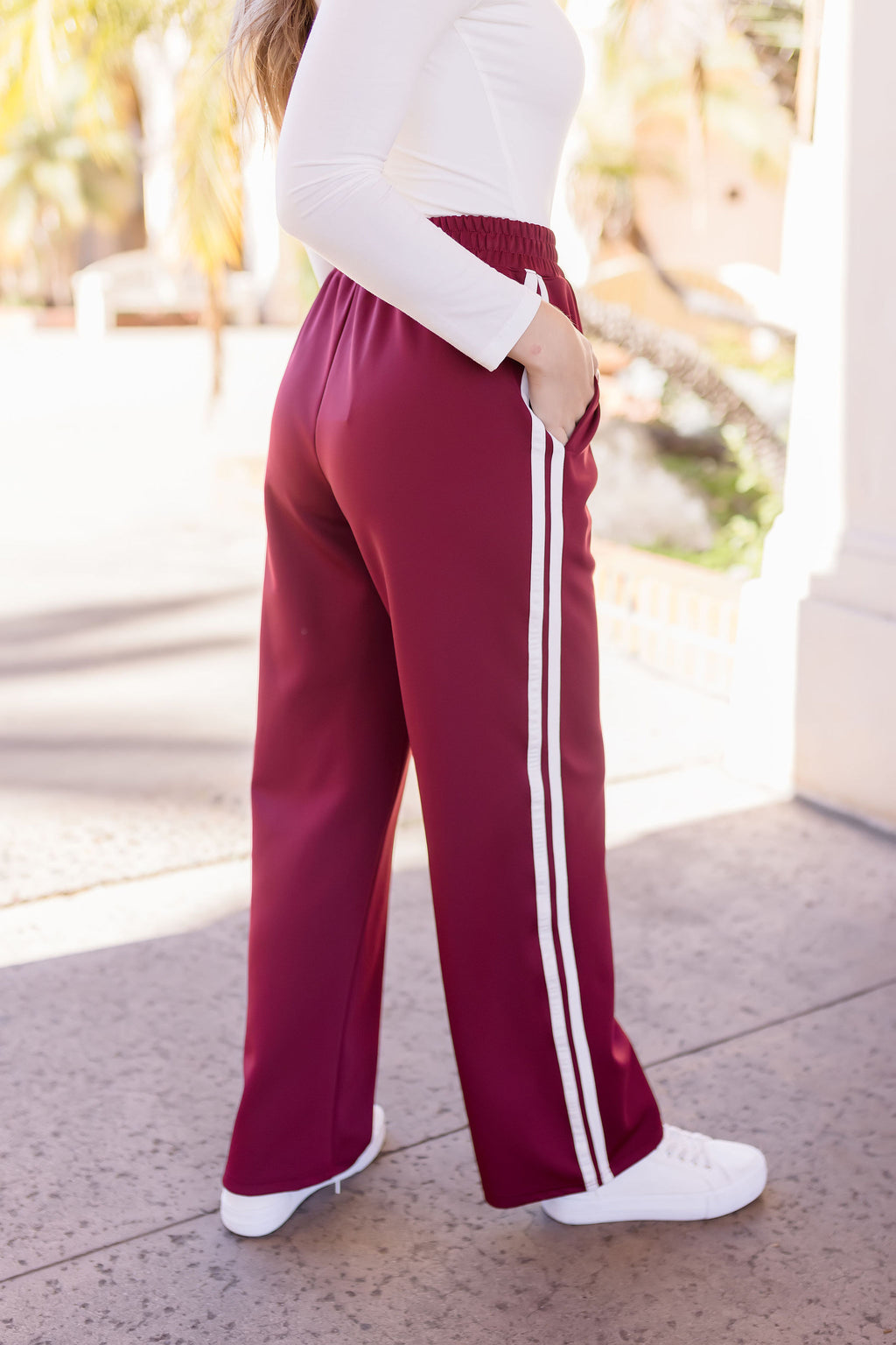  High Waist Stripe Print Track Pants Burgundy