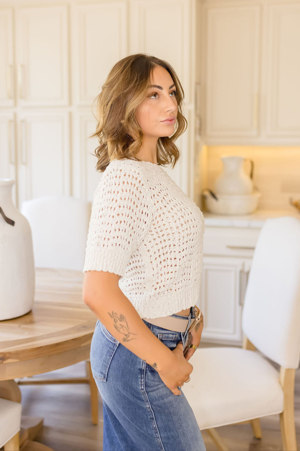 Short Sleeve Crochet Top Beige