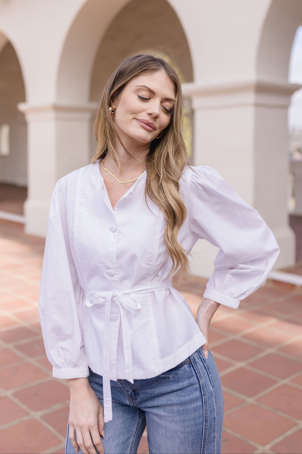 Long Sleeve Button Down Waist Tie Top White