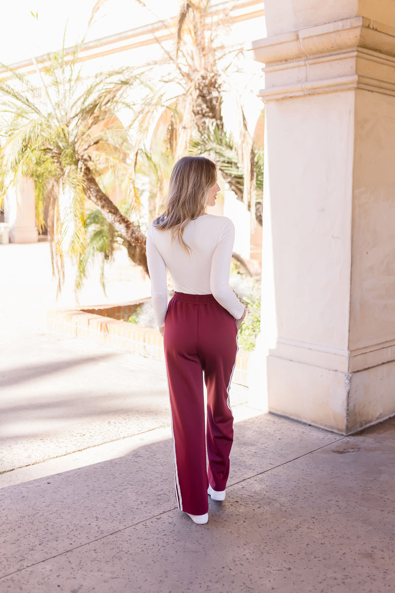  High Waist Stripe Print Track Pants Burgundy