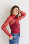 Long Sleeve Floral Print Turtle Neck Mesh Top Red