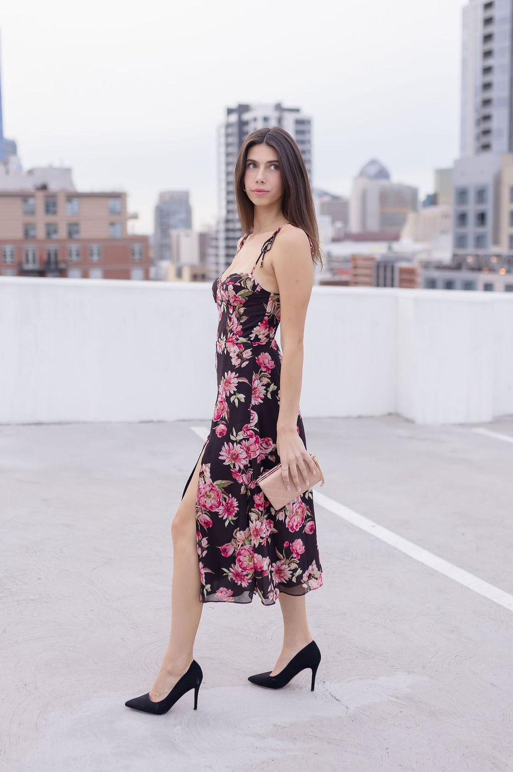 Sleeveless Shoulder Tie Floral Print Midi Dress Pink