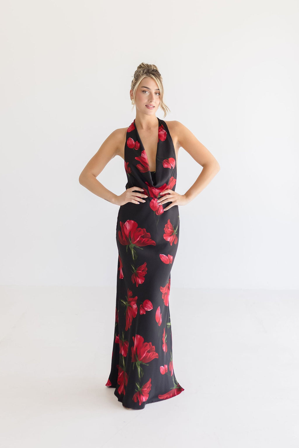 Open Back Halter Tie Floral Print Maxi Dress Black