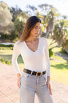 Long Sleeve V Neck Double Layer Bodysuit White