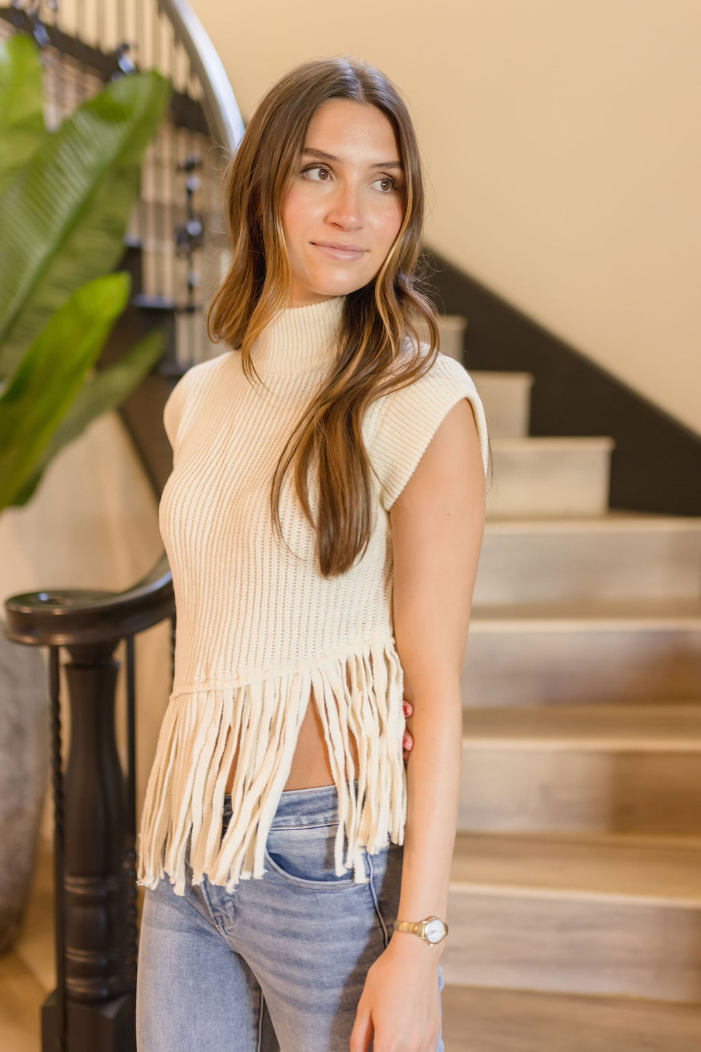 Marina Sleeveless Fringe Knit Sweater Top Cream – Miss Match