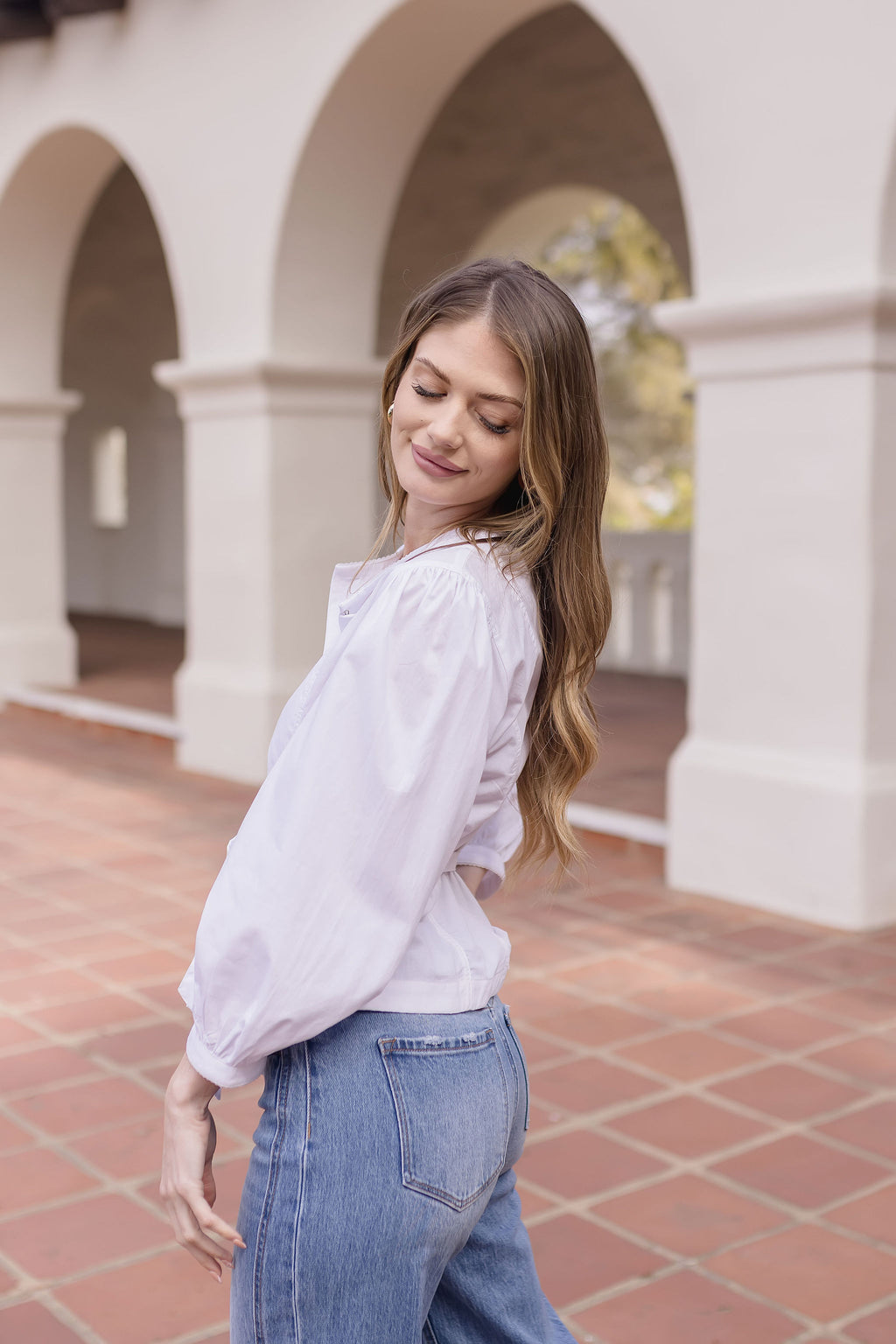 Long Sleeve Button Down Waist Tie Top White