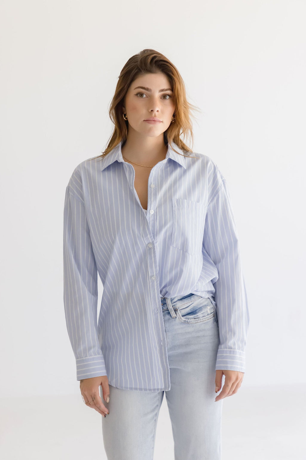 Long Sleeve Button Down Oversized Stripe Print Top Light Blue