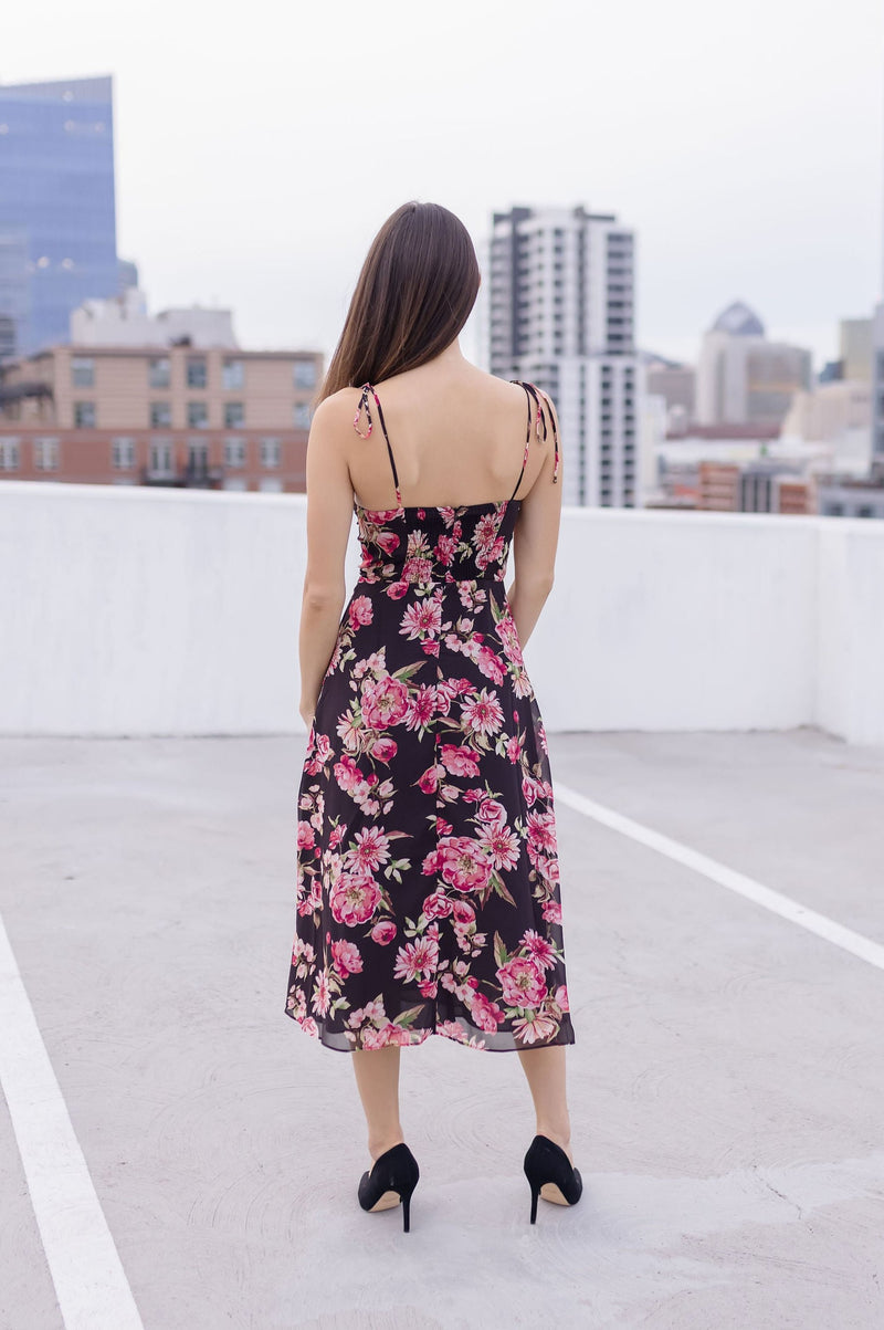 Sleeveless Shoulder Tie Floral Print Midi Dress Pink