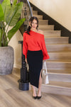 High Waist Rib Knit Midi Skirt Black