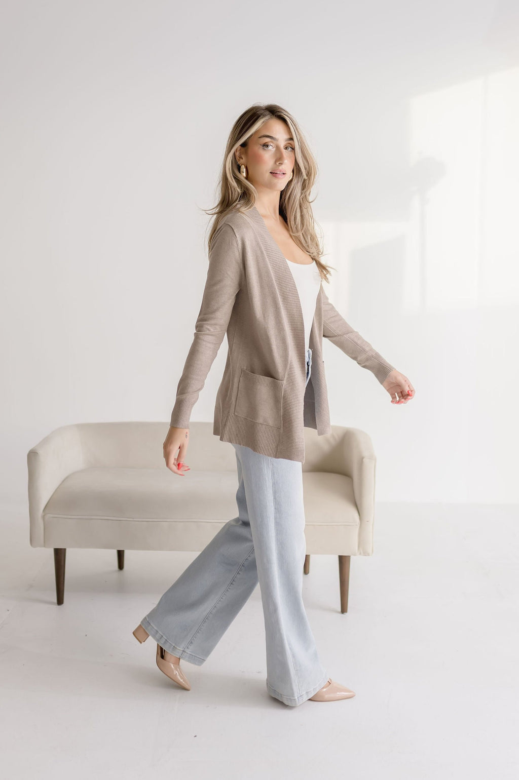 Long Sleeve Open Front Knit Cardigan Taupe