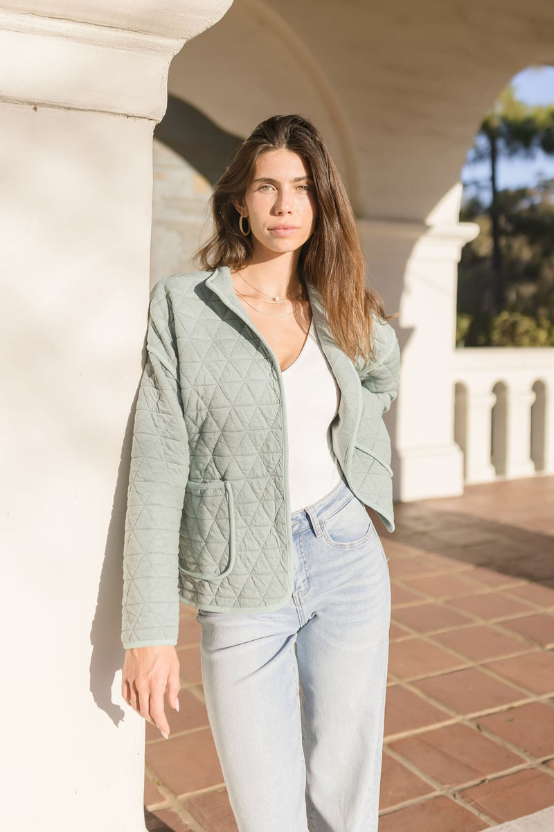 Long Sleeve Open Front Quilted Shacket Sage