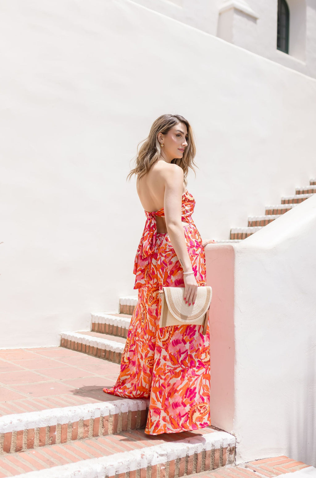  Sleeveless Floral Print Wide Leg Jumpsuit Orange