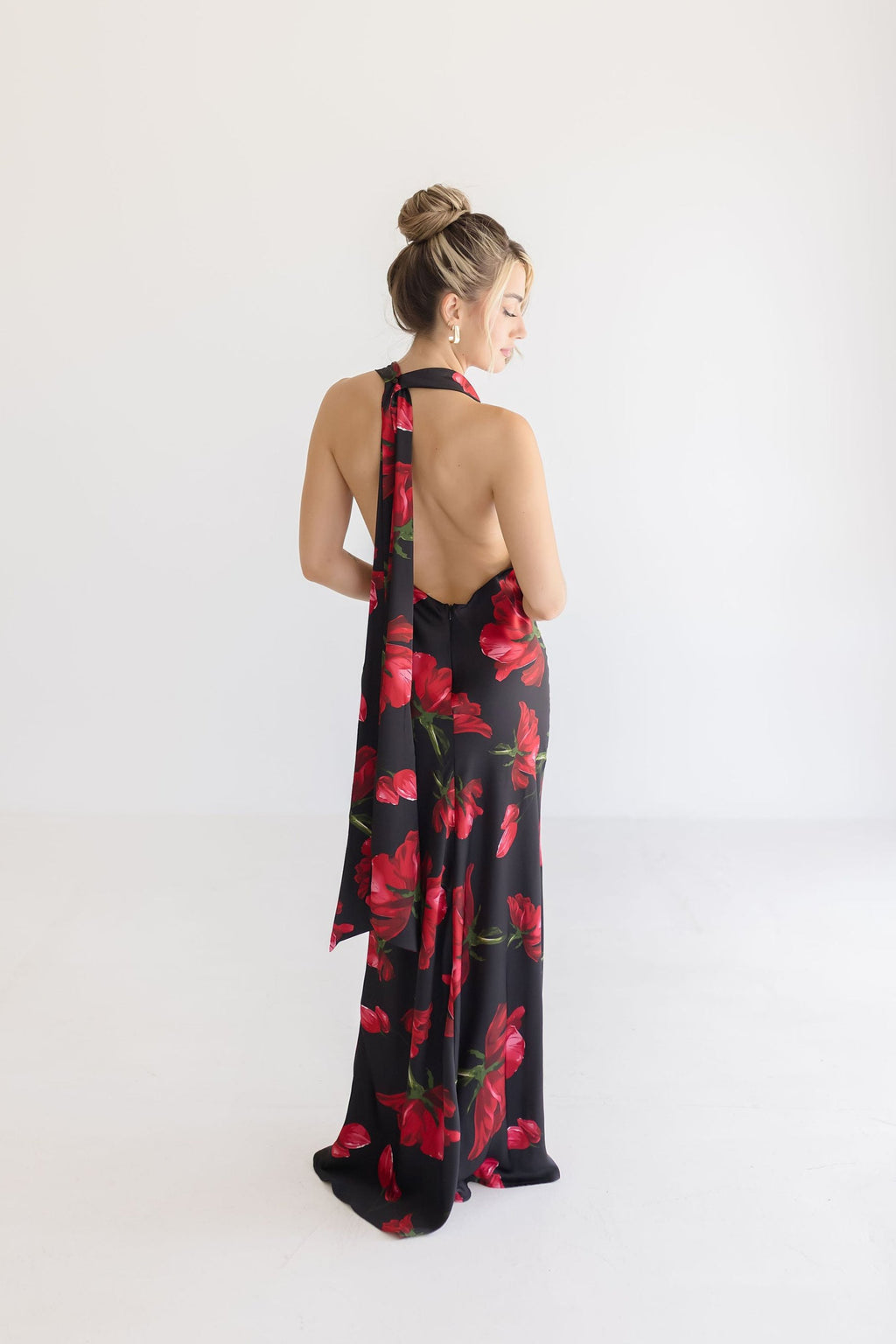 Open Back Halter Tie Floral Print Maxi Dress Black