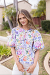 Short Puff Sleeve Front Tie Floral Print Top Blue White