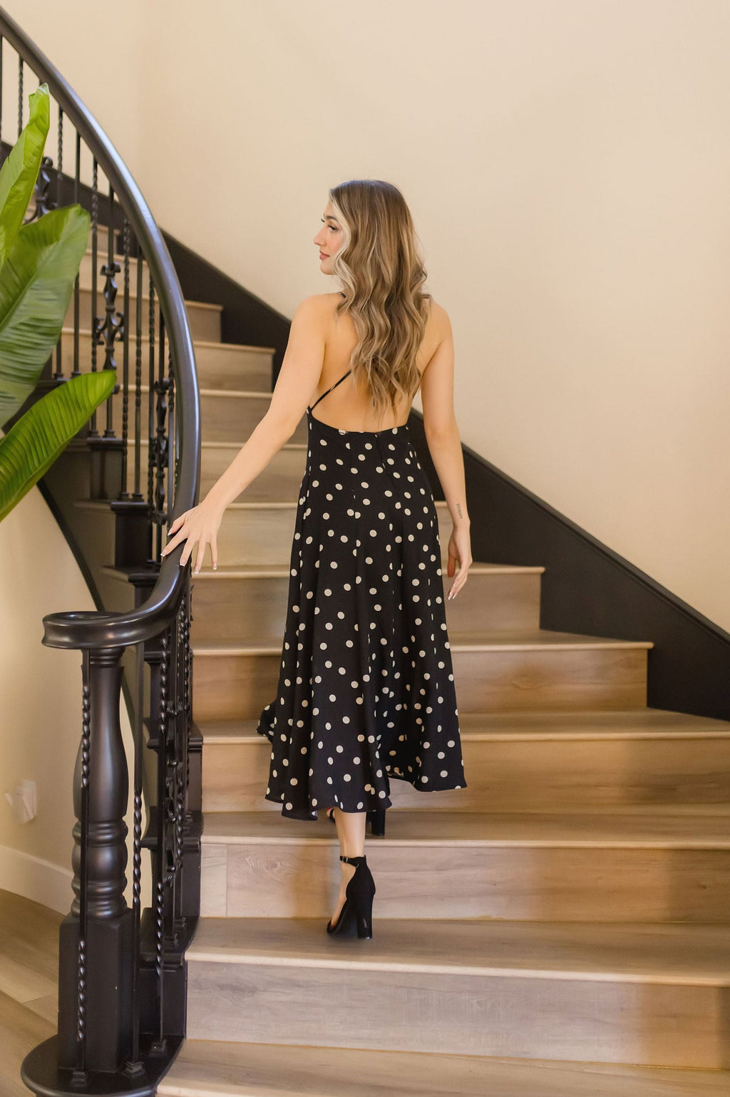 Sleeveless Back Tie Polka Dot Print Maxi Dress Black