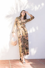 Long Sleeve Front Tie Floral Print Jumpsuit Olive