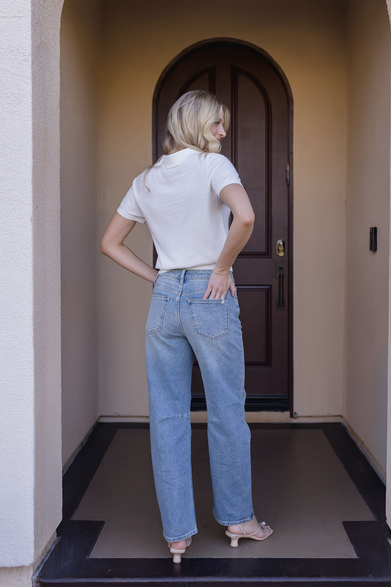 Short Sleeve Collared Knit Top White