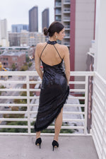 Halter Sequin Feather Midi Dress Black