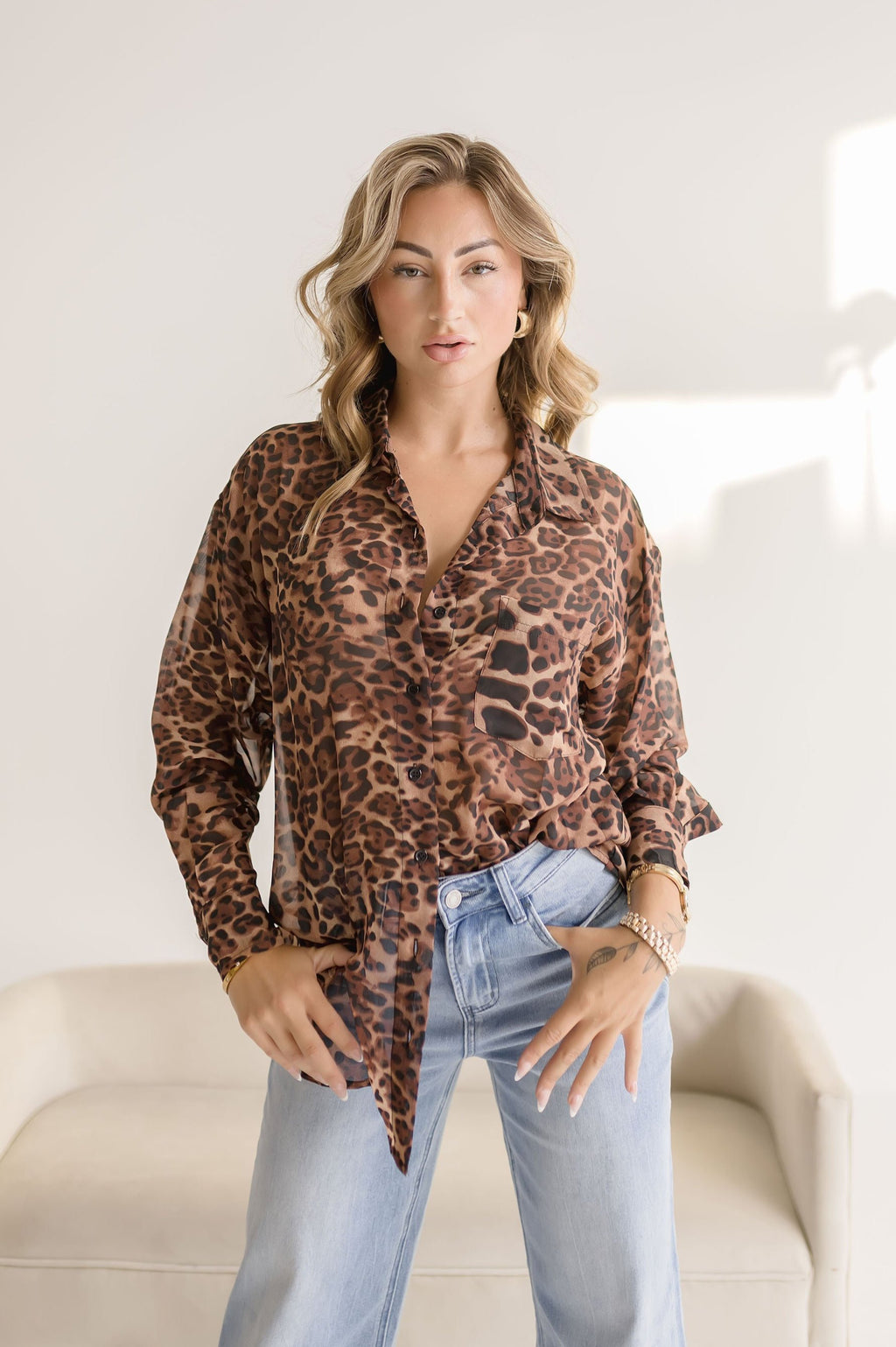 Long Sleeve Button Down Leopard Print Top Brown