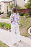 Short Puff Sleeve Front Tie Floral Print Top Blue White