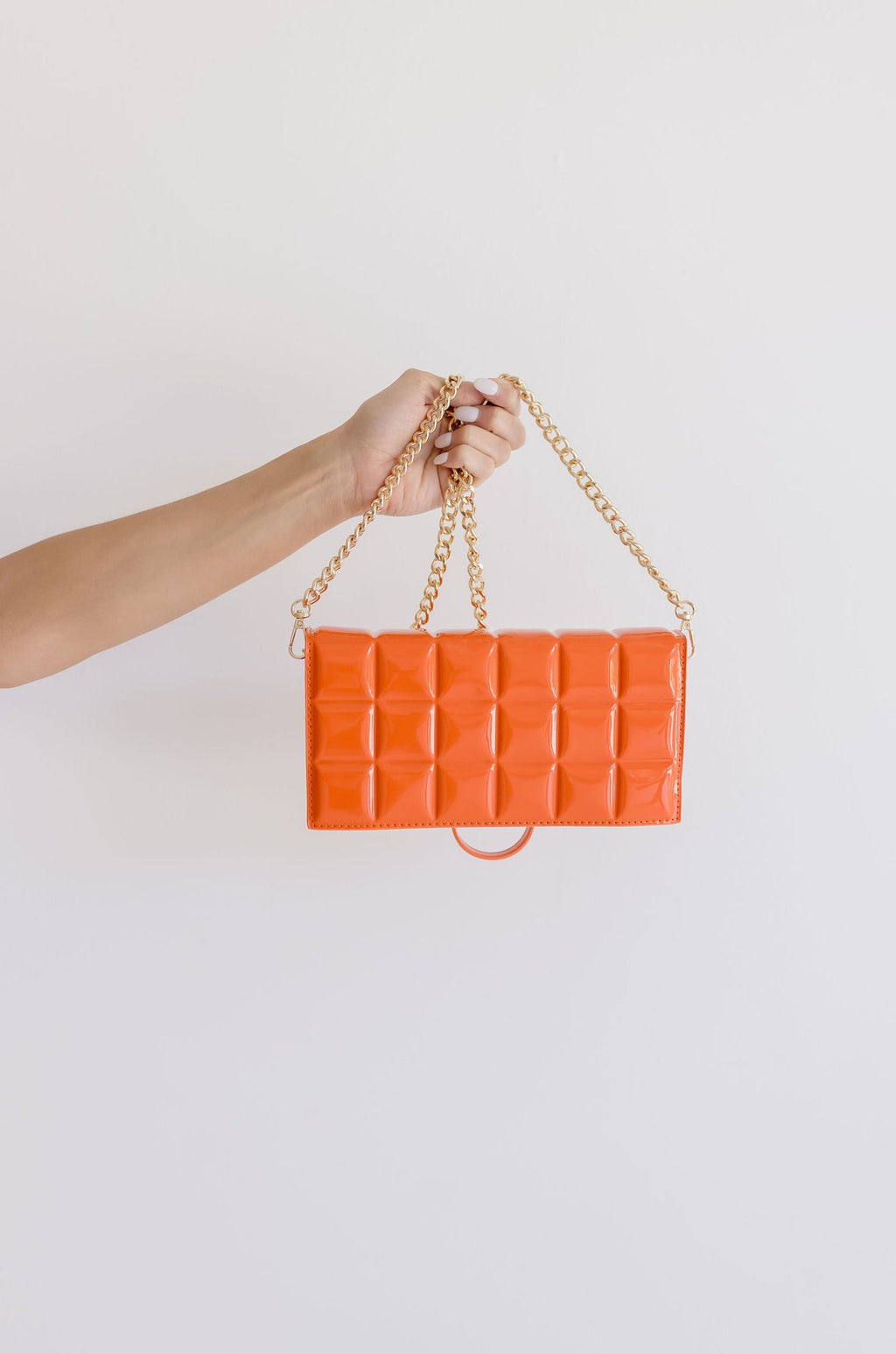  Quilted Faux Patten Leather Clutch Orange