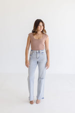  High Rise Distressed Flare Leg Jeans Light Wash
